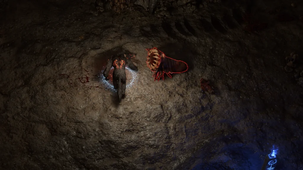 Flesh Larva Mortar enemy encountered in Mud Burrow in Path of Exile 2