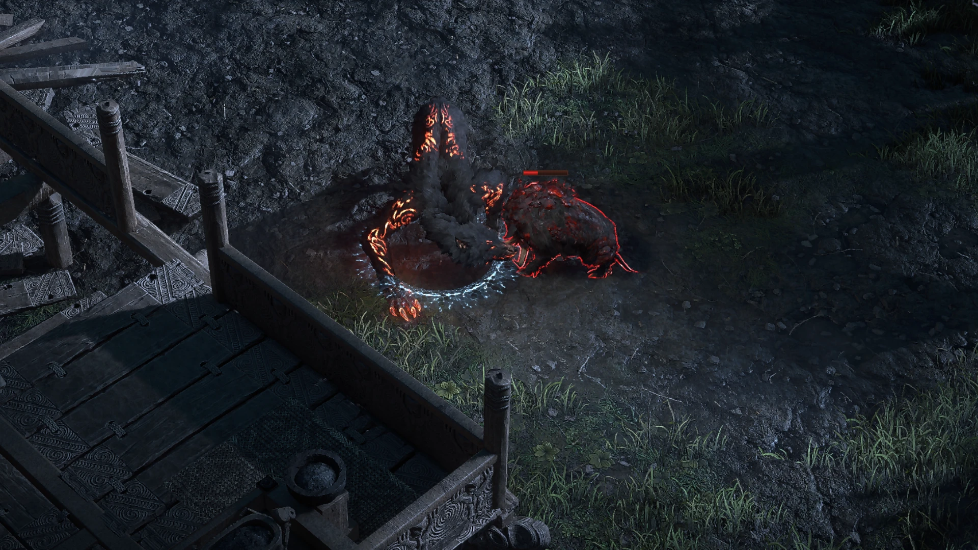 Blood-fevered Tuskbeast encountered in Ngakanu in Path of Exile 2