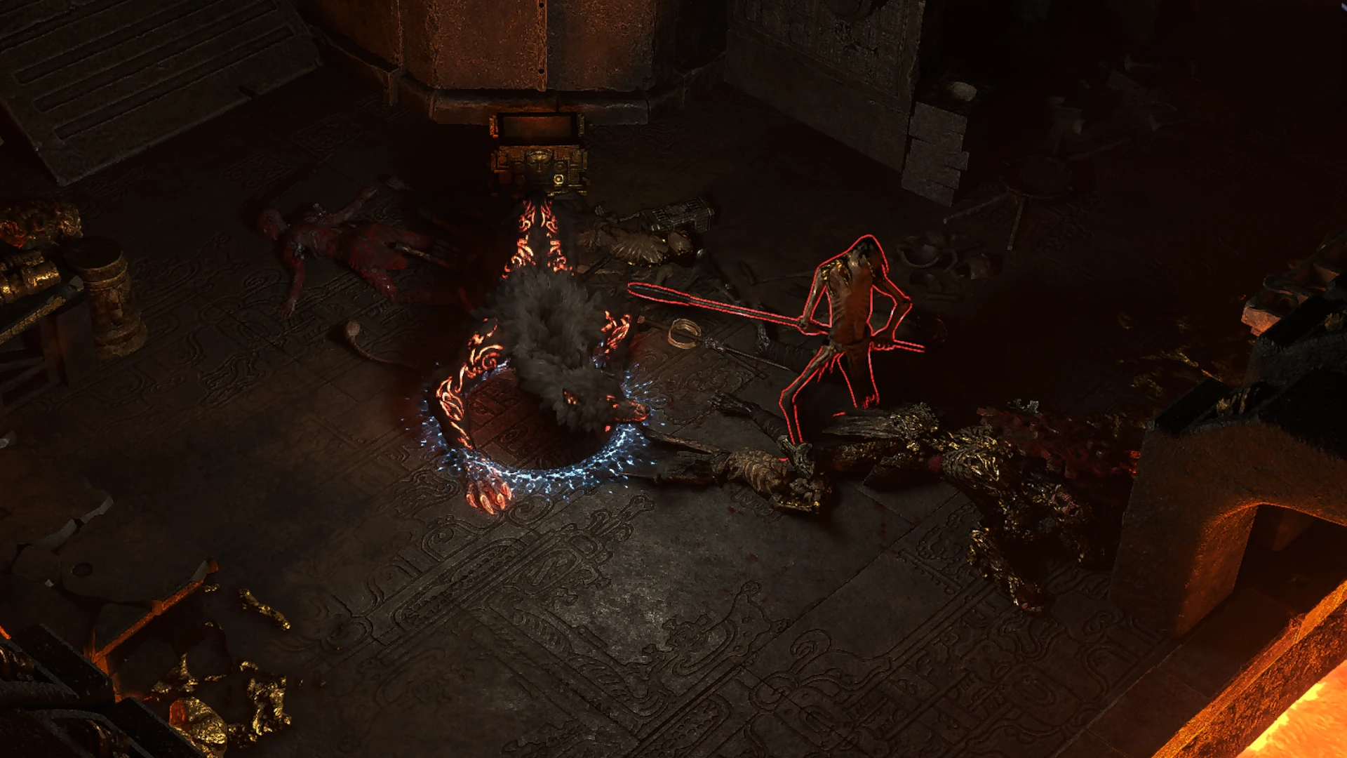 Gold-Melted Shambler Spear enemy encountered in The Molten Vault in Path of Exile 2